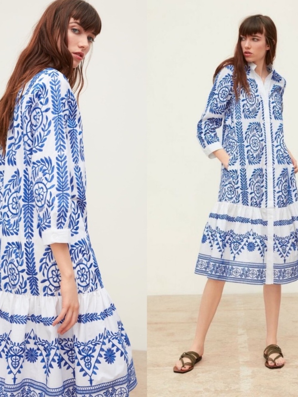 Zara White Midi Dress with Blue Floral Embroidery size small